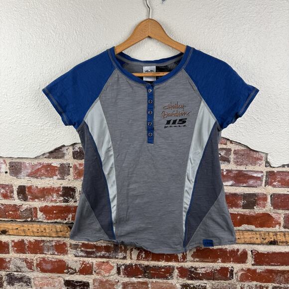 Harley-Davidson Tops - Harley-Davidson Shirt Womens Large Grey Blue 115th Anniversary Biker Motorcycle